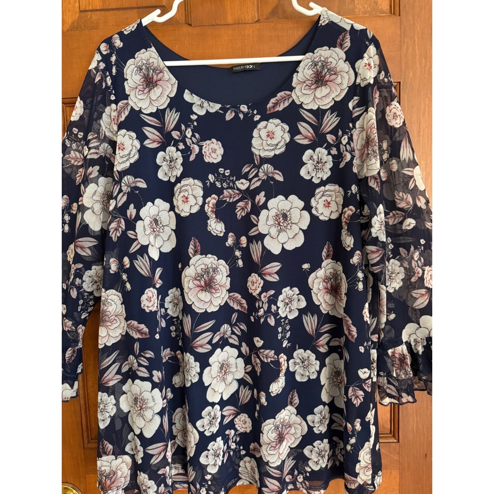 Paper Moon Floral Tunic Top Womens 2X Navy Lined Three-Quarter Sleeve Blouse